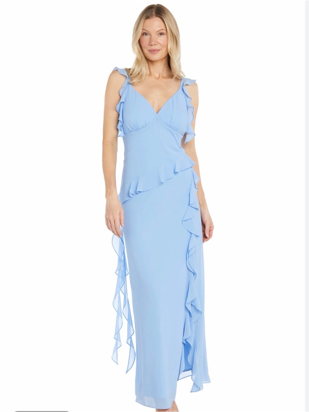 R&M Richards Women's Periwinkle Chiffon Ruffle Maxi Dress Sleeveless Size 6